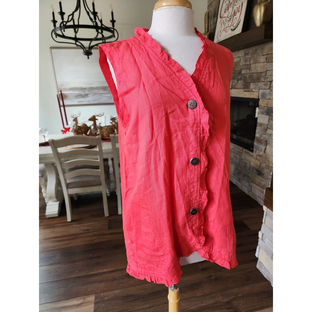 Focus Casual Life Linen Ruffle V‎ Neck Sleeveless Button Front Top Vest Coral L